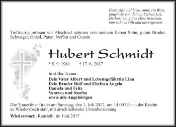 Traueranzeige von Hubert Schmidt von Südthüringer Presse