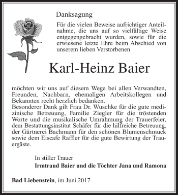 Traueranzeige von Karl-Heinz Baier von Südthüringer Presse