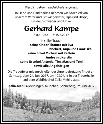 Traueranzeige von Gerhard Kampe von Südthüringer Presse