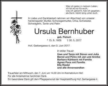 Traueranzeige von Ursula Bernhuber von Frankenpost