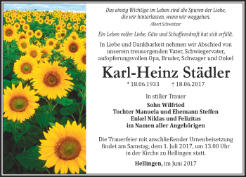 Traueranzeige von Karl-Heinz Städtler von Südthüringer Presse