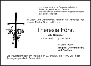 Traueranzeige von Theresia Först von Frankenpost