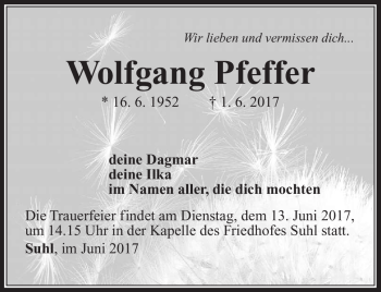 Traueranzeige von Wolfgang Pfeffer von Südthüringer Presse
