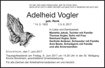 Traueranzeige von Adelheid Vogler von Neue Presse Coburg