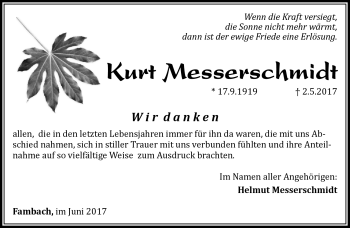 Traueranzeige von Kurt Messerschmidt von Südthüringer Presse