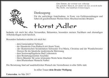 Traueranzeige von Horst Adler von Südthüringer Presse