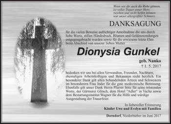Traueranzeige von Dionysia Gunkel von Südthüringer Presse