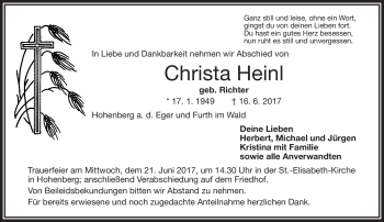 Traueranzeige von Christa Heinl von Frankenpost