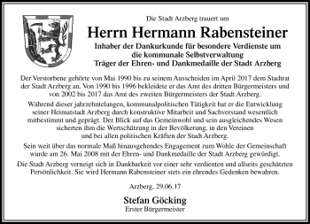Traueranzeige von Hermann Rabensteiner von Frankenpost