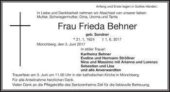 Traueranzeige von Frieda Behner von Frankenpost