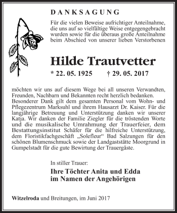 Traueranzeige von Hilde Trautvetter von Südthüringer Presse