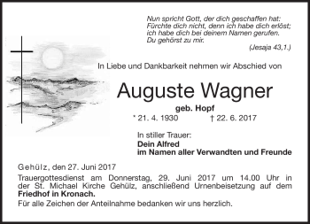 Traueranzeige von Auguste Wagner von Neue Presse Coburg