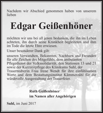 Traueranzeige von Edgar Geißenhöner von Südthüringer Presse