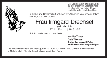 Traueranzeige von Irmgard Drechsel von Frankenpost