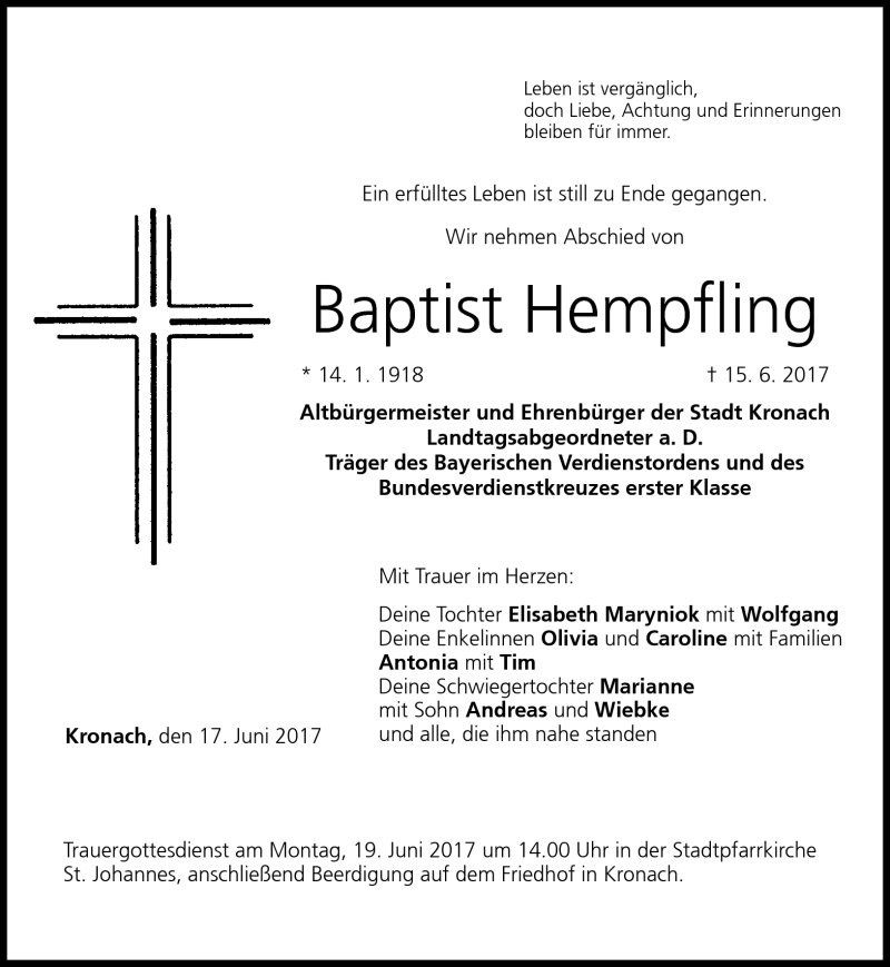  Traueranzeige für Baptist Hempfling vom 17.06.2017 aus Neue Presse Coburg