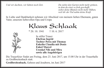Traueranzeige von Klaus Schlaak von Südthüringer Presse