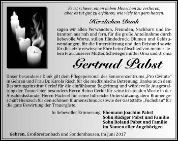 Traueranzeige von Gertrud Pabst von Südthüringer Presse