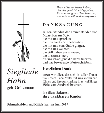 Traueranzeige von Sieglinde Hahn von Südthüringer Presse