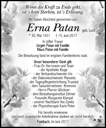 Traueranzeige von Erna Patan von Südthüringer Presse