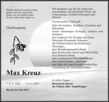 Traueranzeige von Max Kreuz von Südthüringer Presse