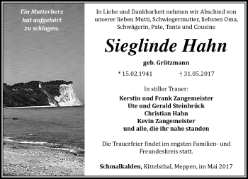 Traueranzeige von Sieglinde Hahn von Südthüringer Presse