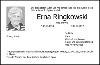 Traueranzeige von Erna Ringkowski von Neue Presse Coburg
