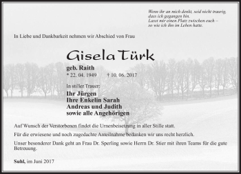 Traueranzeige von Gisela Türk von Südthüringer Presse