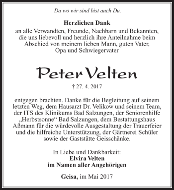 Traueranzeige von Peter Velten von Südthüringer Presse