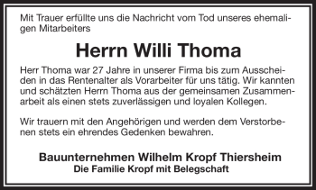 Traueranzeige von Willi Thoma von Frankenpost