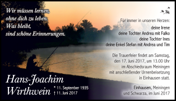 Traueranzeige von Joachim Wirthwein von Südthüringer Presse