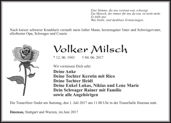 Traueranzeige von Volker Milsch von Südthüringer Presse