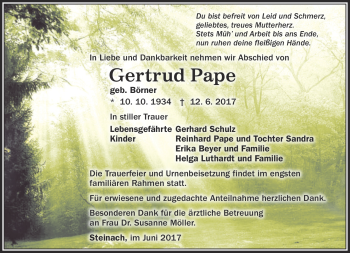 Traueranzeige von Gertrud Pape von Südthüringer Presse