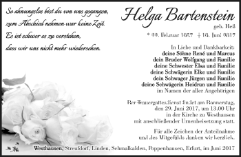 Traueranzeige von Helga Bartenstein von Südthüringer Presse