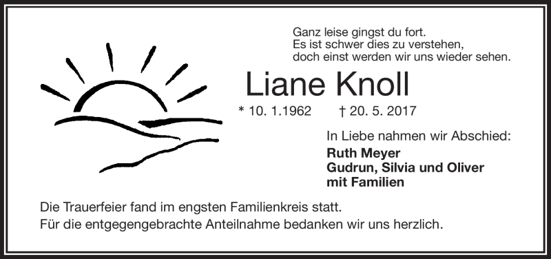  Traueranzeige für Liane Knoll vom 03.06.2017 aus Frankenpost