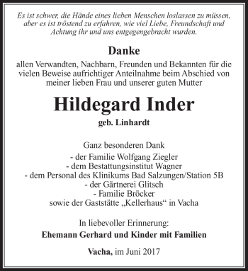 Traueranzeige von Hildegard Inder von Südthüringer Presse
