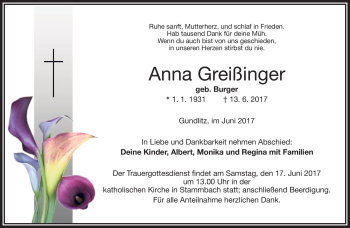 Traueranzeige von Anna Greißinger von Frankenpost