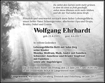 Traueranzeige von Wolfgang Ehrhardt von Südthüringer Presse