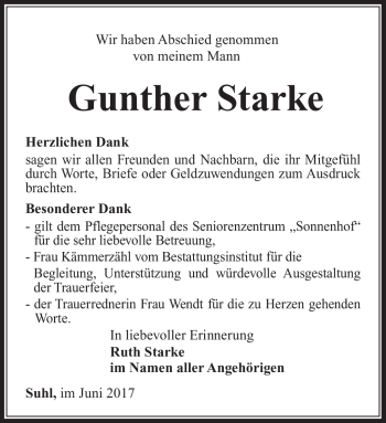 Traueranzeige von Gunther Starke von Südthüringer Presse
