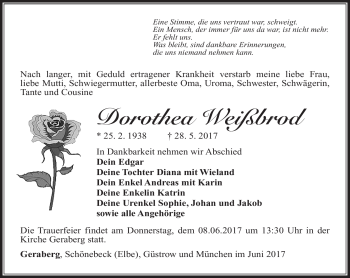 Traueranzeige von Dorothea Weißbrod von Südthüringer Presse