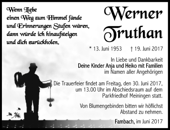 Traueranzeige von Werner Truthan von Südthüringer Presse