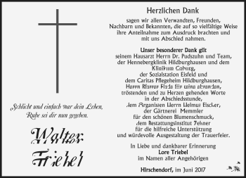 Traueranzeige von Walter Triebel von Südthüringer Presse