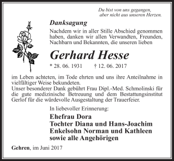 Traueranzeige von Gerhard Hesse von Südthüringer Presse
