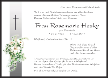 Traueranzeige von Rosemarie Hesky von Frankenpost