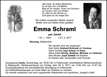 Traueranzeige von Emma Schraml von Frankenpost