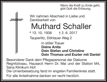 Traueranzeige von Muthardt Schaller von Frankenpost