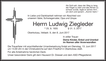 Traueranzeige von Ludwig Ziegleder von Frankenpost