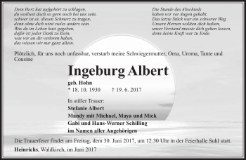 Traueranzeige von Ingeburg Albert von Südthüringer Presse