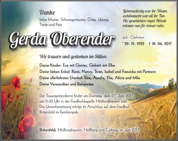 Traueranzeige von Gerda Oberender von Südthüringer Presse
