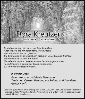 Traueranzeige von Dora Kreutzer von Neue Presse Coburg
