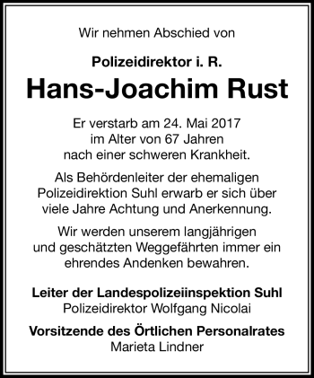 Traueranzeige von Hans-Joachim Rust von Südthüringer Presse